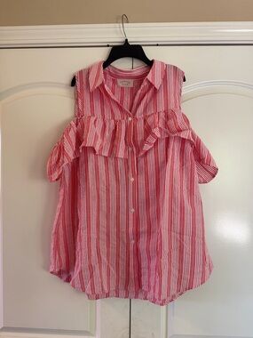 Janette Plus Pink and White Striped Ruffle Blouse